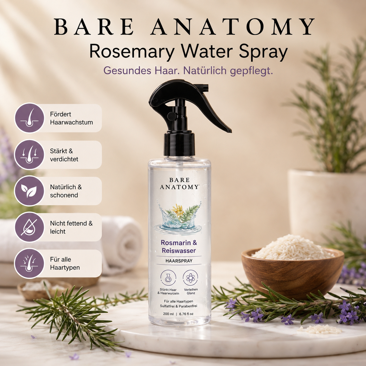Bare Anatomy Haarspray mit Rosmarin & Reiswasser-Formel, 200 ml