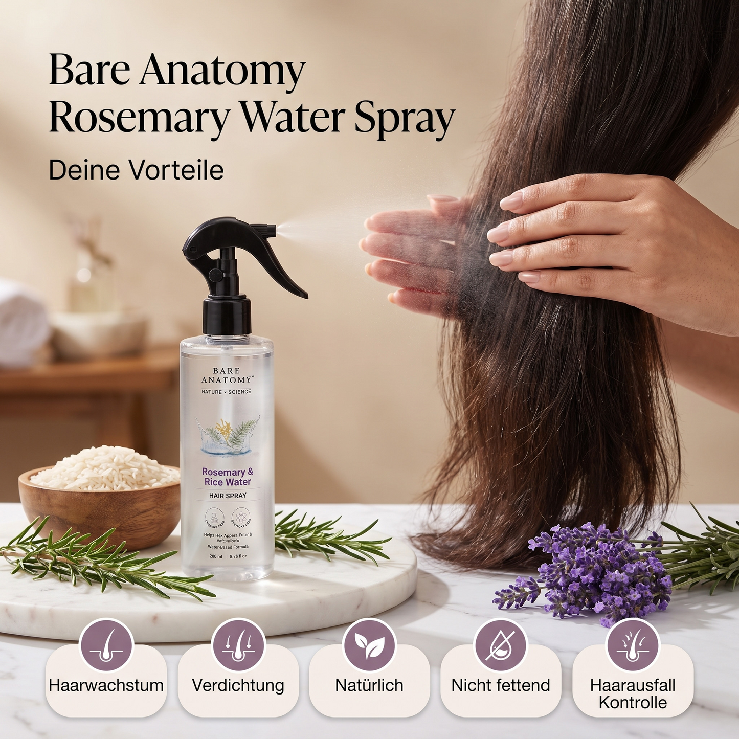 Bare Anatomy Haarspray mit Rosmarin & Reiswasser-Formel, 200 ml