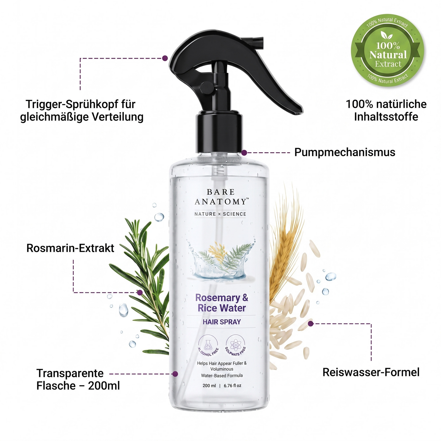 Bare Anatomy Haarspray mit Rosmarin & Reiswasser-Formel, 200 ml